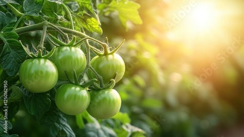 Wallpaper Mural Green tomatoes growing on vine, sunny greenhouse Torontodigital.ca