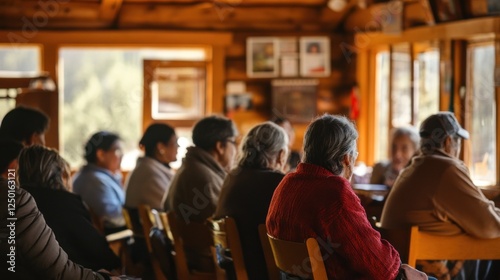 Seniors attentively listening to a presentation in a rustic wooden cabin.