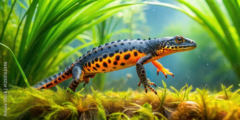 Obraz premium Underwater world revealed: Alpine newt (Ichthyosaura alpestris) pond life showcased through breathtaking photography.