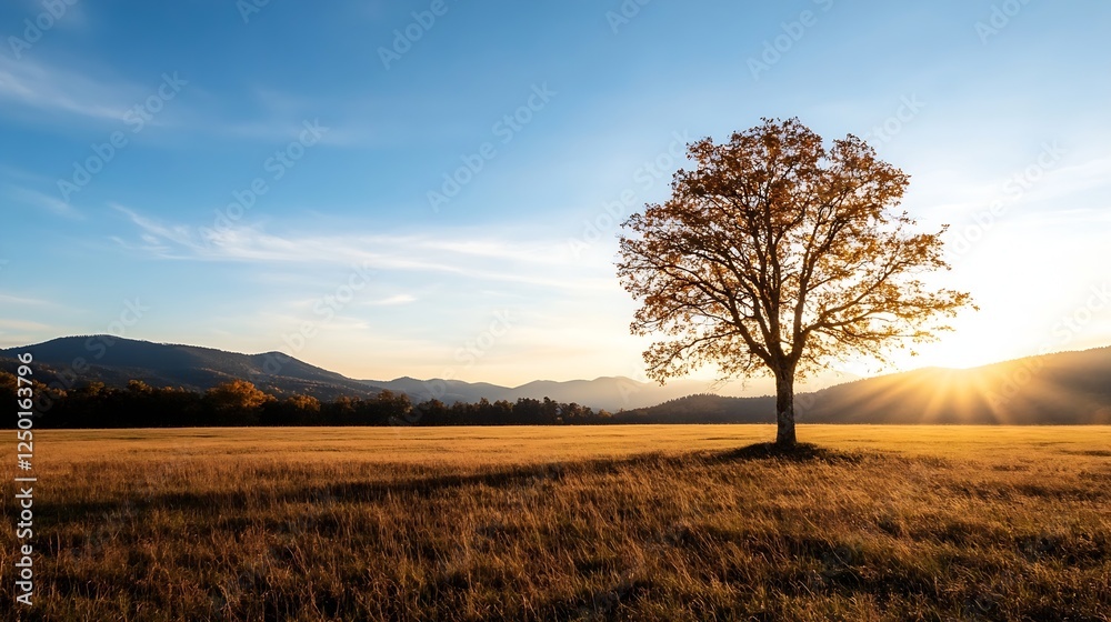 Fototapeta premium Lone tree standing in a vast golden field with mountains under a clear sunset sky : Generative AI
