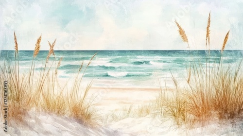Watercolor beach landscape with serene ocean view and swaying grass
