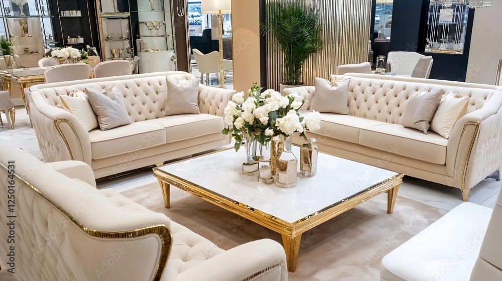 Fototapeta premium Elegant Living Room with Cream Sofas and Luxurious Decor Featuring Beautiful Floral Arrangement : Generative AI