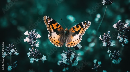 A single, orange and black butterfly with its wings open, perched on a lavender flower. The background is blurred and green. photo