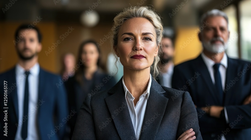 Confident businesswoman leading a team of professionals in a modern office setting. Confident businesswoman leading a team of professionals in a modern office setting.