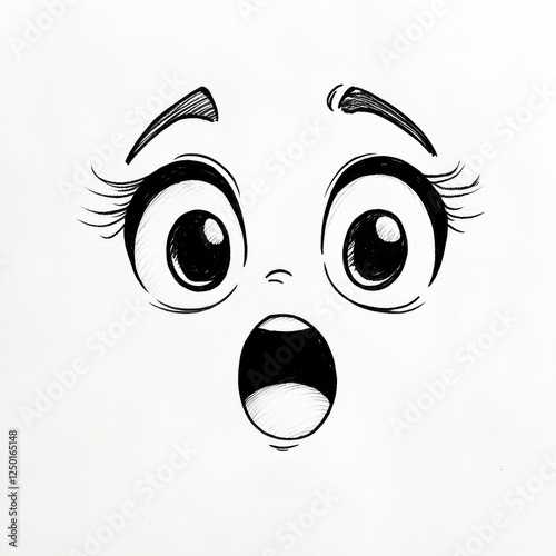 Black and white sketch of a shocked face with wide eyes and open mouth expressing surprise or disbelief in cartoon style