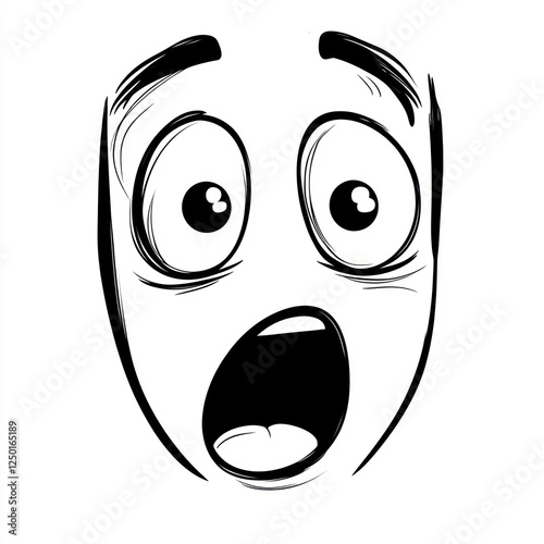 Black and white sketch of a shocked face with wide eyes and open mouth expressing surprise or disbelief in cartoon style