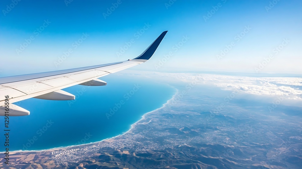 Stunning Aerial View of Airplane Wing Over Bright Blue Ocean and Beautiful Coastline : Generative AI Stunning Aerial View of Airplane Wing Over Bright Blue Ocean and Beautiful Coastline : Generative AI