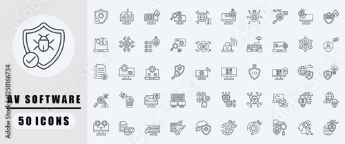 AV Software outline icon set. Covers Anti malware, Phishing, Virus scan, Cyber security, Antivirus, Cyber attack, Antivirus solution. Simple vector illustration.