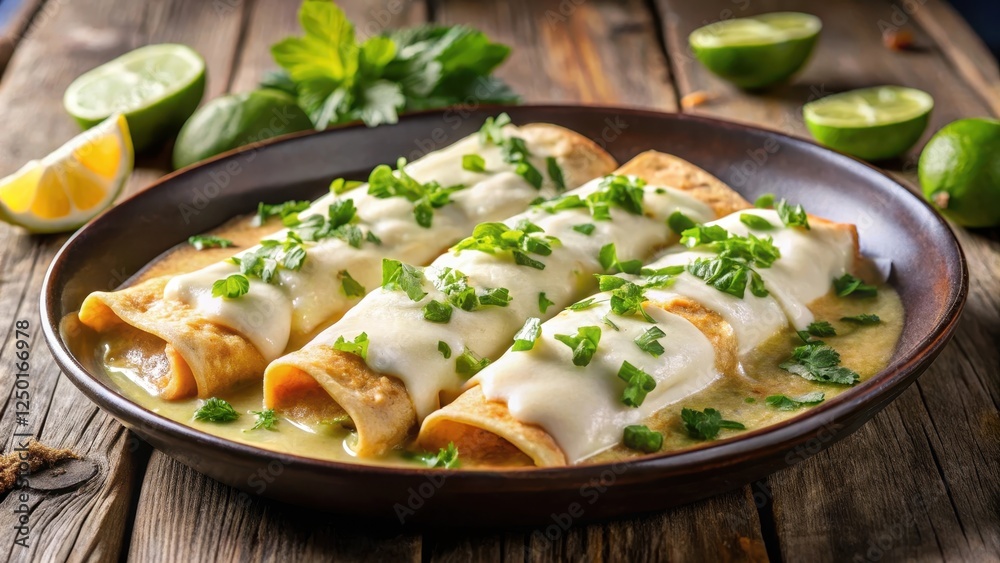 A steaming plate of enchiladas suizas in a rich and creamy sauce, topped with melted cheese and fresh cilantro leaves, garnished with lime wedges on the side , suiza sauce, lime A steaming plate of enchiladas suizas in a rich and creamy sauce, topped with melted cheese and fresh cilantro leaves, garnished with lime wedges on the side , suiza sauce, lime