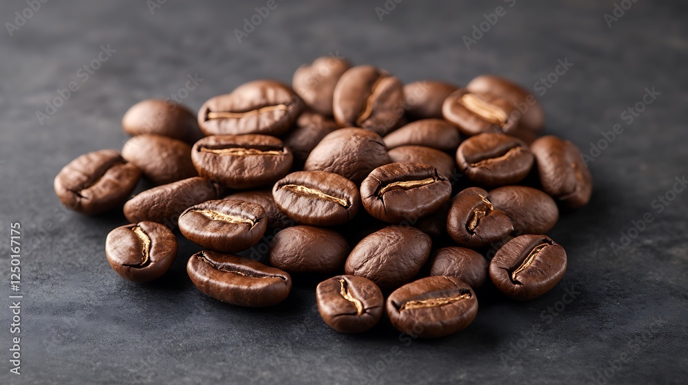 Close-up of roasted coffee beans on a smooth dark surface