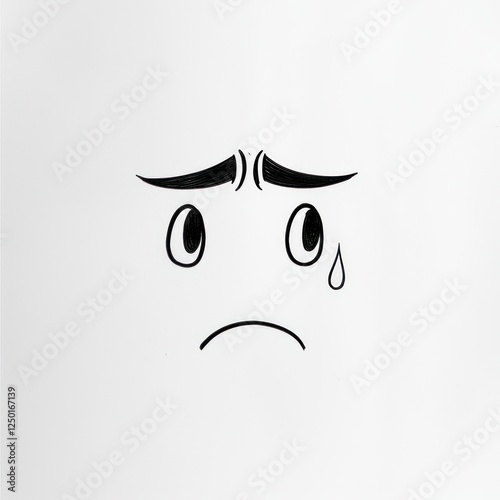 Black and white illustration of a sad crying face with big teary eyes and expressive eyebrows on a plain background