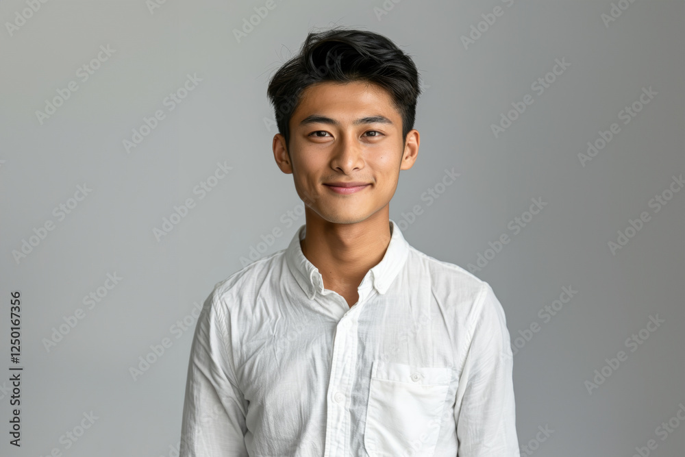 A confident young Asian man stands against a light, minimal background in simple, urban clothing, blending casual style with a professional edge. A confident young Asian man stands against a light, minimal background in simple, urban clothing, blending casual style with a professional edge.