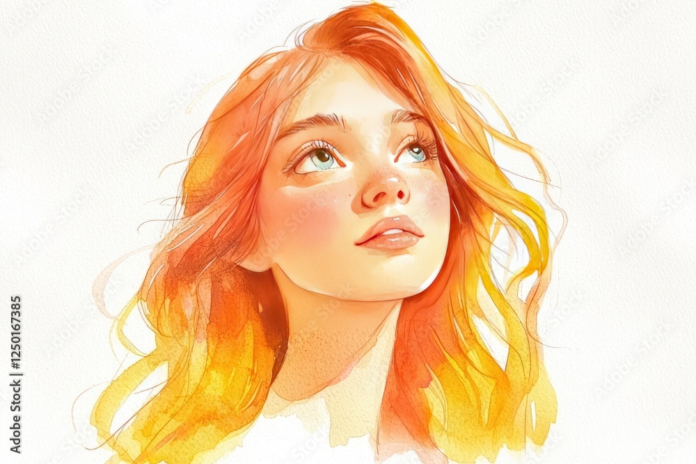 Artistic watercolor painting of a young red-haired woman gazing upward with a serene expression and warm tones Artistic watercolor painting of a young red-haired woman gazing upward with a serene expression and warm tones