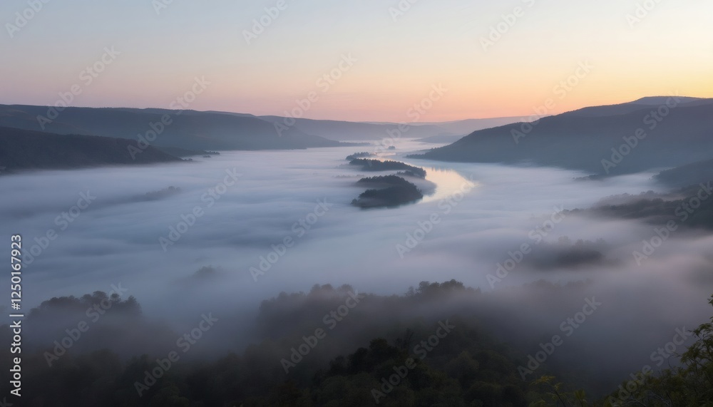 Fototapeta premium Serene Dawn Over a Misty River and Lush Valleys Captured in Early Morning Light