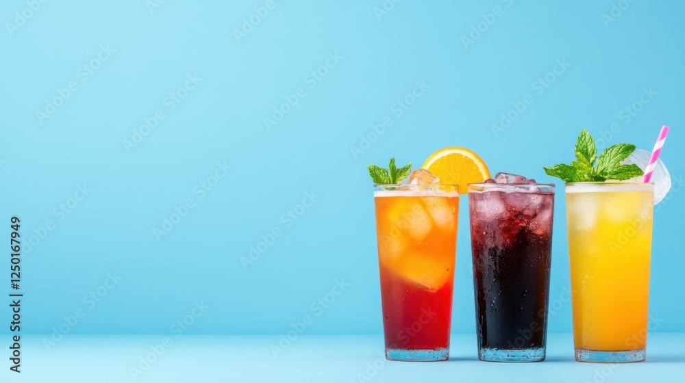 Fototapeta premium Refreshing Summer Beverages with Colorful Fruit and Mint Garnish