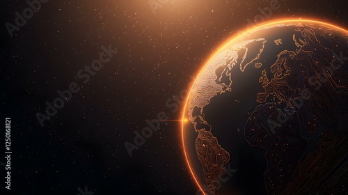 The image shows a stylized Earth, depicted as a dark globe with glowing orange circuit board-like lines tracing the continents.  The background is a dark space with scattered orange and white particl photo