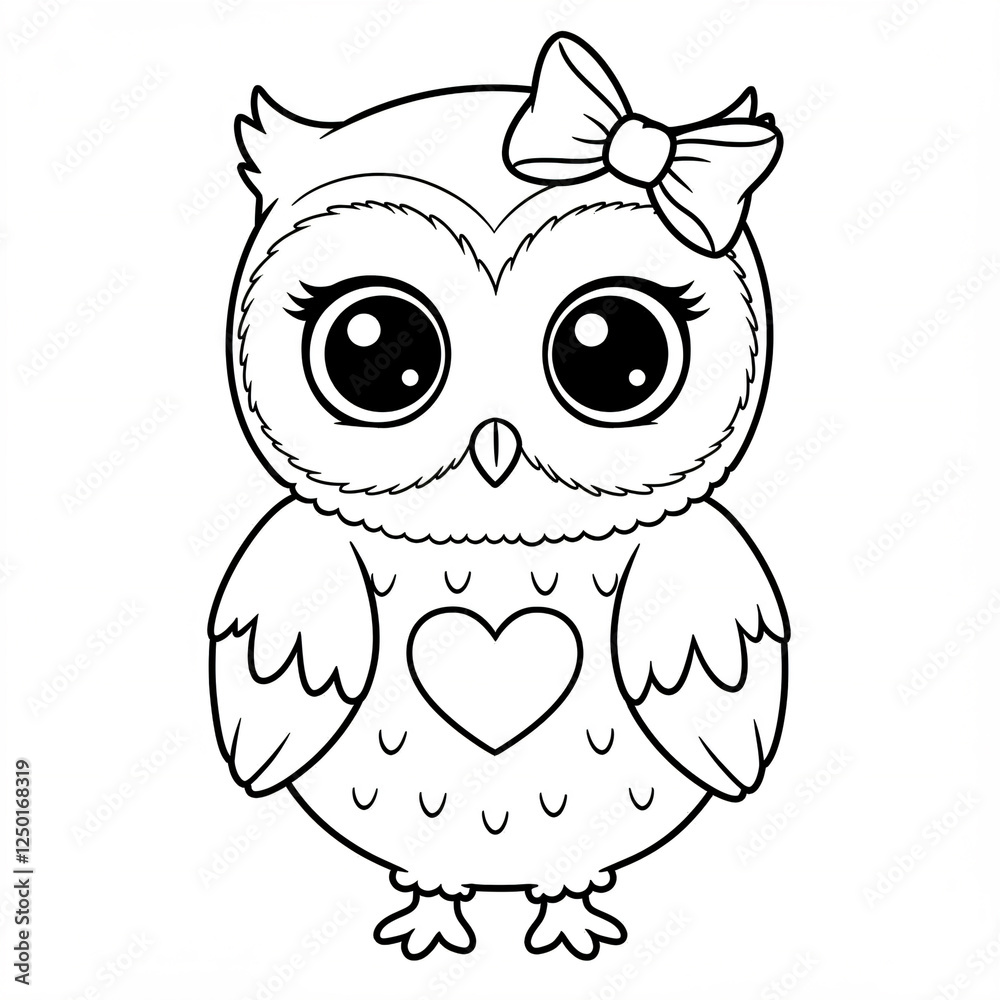 Line drawing of a cute owl with a bow and a heart on its chest. Line drawing of a cute owl with a bow and a heart on its chest.