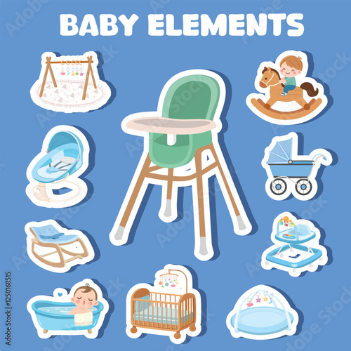 Baby element sticker vector set in cartoon style. Baby boy item clipart in flat design. Baby shower concept.  Products, furniture for caring newborn baby or infant. Sticker set isolated on blue.