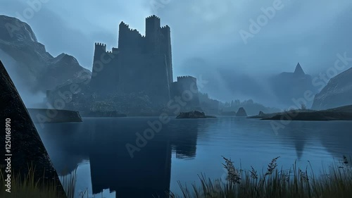 Majestic medieval castle reflected in tranquil lake amidst misty mountains at twilight