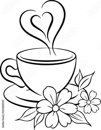 A steaming coffee cup with heart-shaped steam and botanical flowers intricate line art vector design