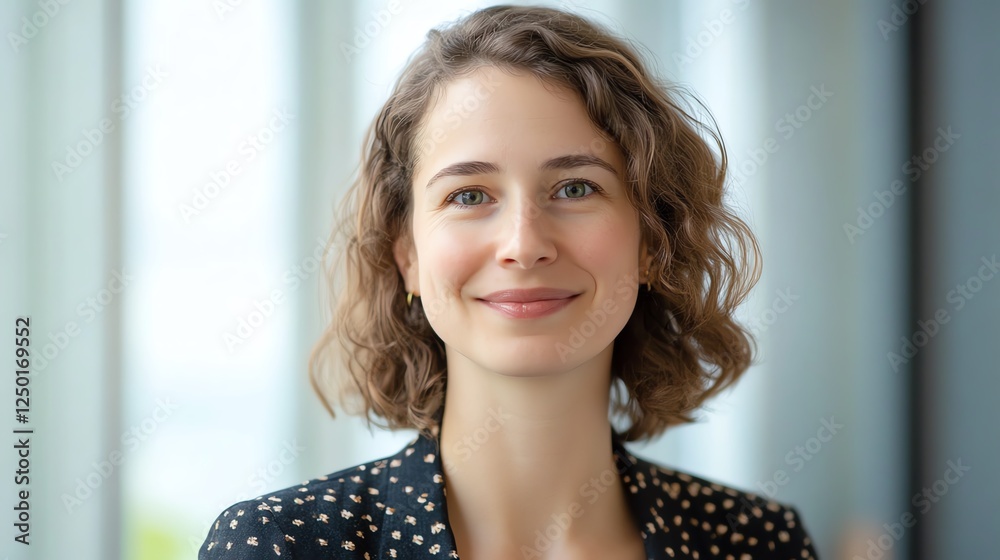 Smiling Woman With Curly Hair Sitting Indoors During Daytime, Showcasing a Friendly Demeanor and Professional Attire Smiling Woman With Curly Hair Sitting Indoors During Daytime, Showcasing a Friendly Demeanor and Professional Attire