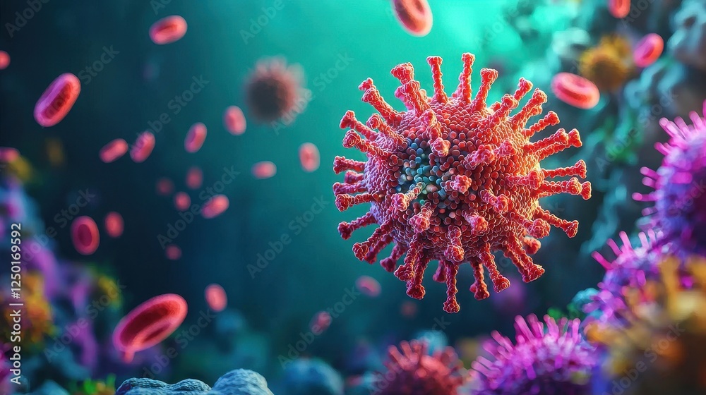 Obraz premium Microscopic view of a virus in a colorful environment. PM 2.5 concept