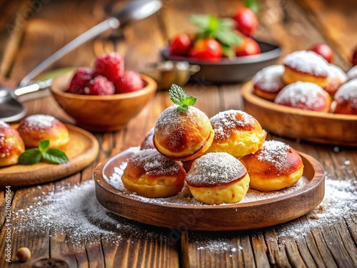 Delicious Danish Pancakes with Powdered Sugar for Breakfast - Stock Photo photo