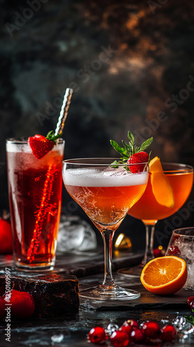 A stylish poster featuring vibrant cocktails in elegant glasses, perfect for interior design, banners or social media. Aesthetic, refreshing, and inviting.