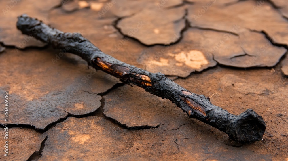 Charred Branch on Cracked Earth: A Symbol of Drought and Destruction Charred Branch on Cracked Earth: A Symbol of Drought and Destruction