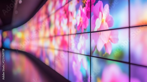 Giant multimedia wall with abstract digital screens, gradient lighting, and futuristic minimalism, symbolizing the fusion of technology and design.