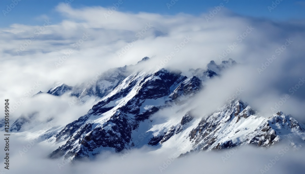 Obraz premium Serene Snow-Capped Peaks Emerging from Misty Clouds in a Mountainous Landscape