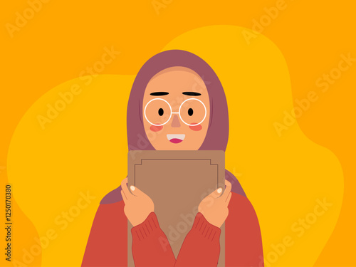 Muslim woman is carrying Koran. Moslem illustration. Flat vector illustration concept.