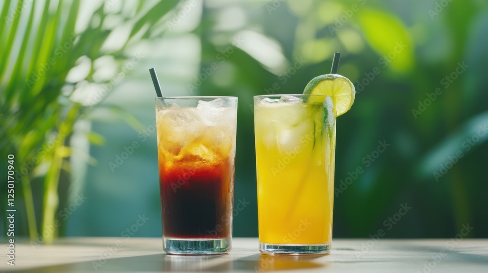 Refreshing Summer Cocktails with Ice in a Bright Green Space Refreshing Summer Cocktails with Ice in a Bright Green Space