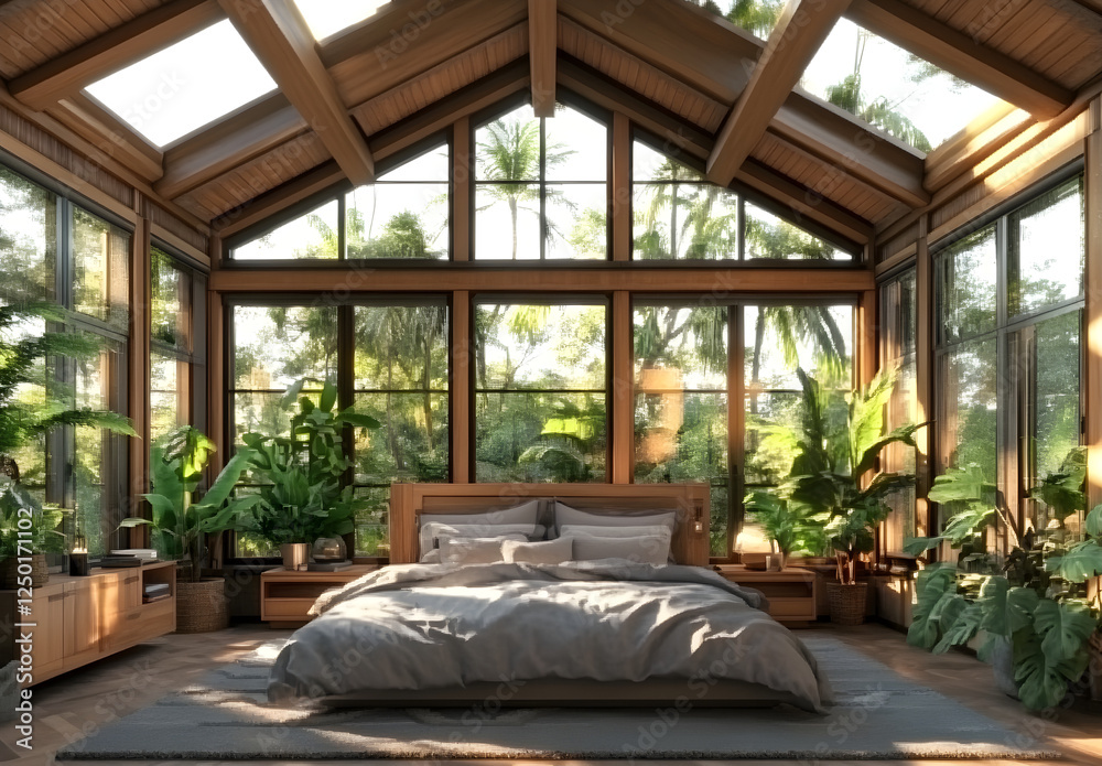 Fototapeta premium A cozy bedroom with large windows, wooden furniture, and soft lighting, featuring gray bedding and potted plants. The room is well-lit by natural light from the windows, creating an inviting 