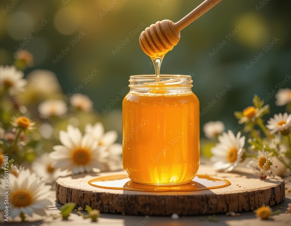 Honey pouring into jar surrounded by daisies Honey pouring into jar surrounded by daisies