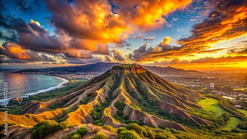 Diamond Head Oahu Hawaii Sunset Dusk Volcanic Crater Landscape Panoramic View