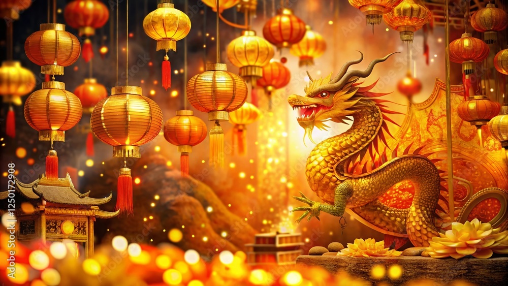 Fototapeta premium Double Exposure: 2023-2024 Chinese New Year Dragon & Wealth, Asian Festival Lantern Lights