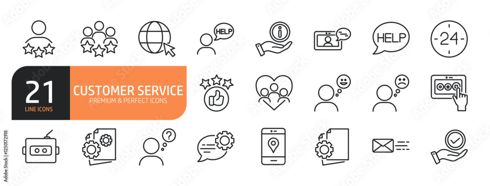 Set of line icons related to customer satisfied,  technical support, feedback, and more. Outline icons collection. Editable stroke. Vector illustration.