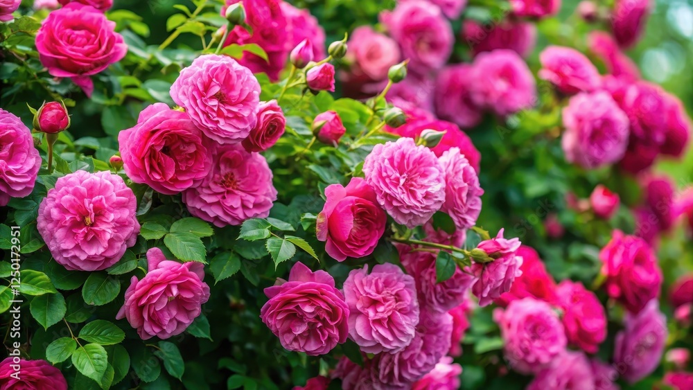 Dense thorny rose bush in full bloom with vibrant pink flowers and green foliage, garden blooms, botanical illustrations Dense thorny rose bush in full bloom with vibrant pink flowers and green foliage, garden blooms, botanical illustrations