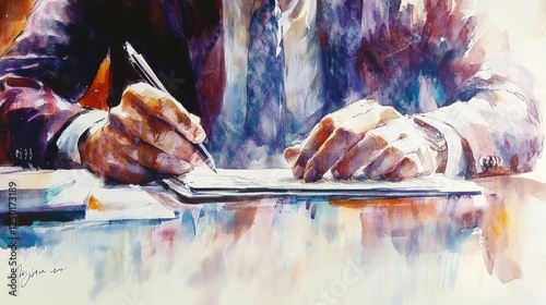 Professional Man Writing on Paper with Pen in Elegant Setting Using Watercolor Style