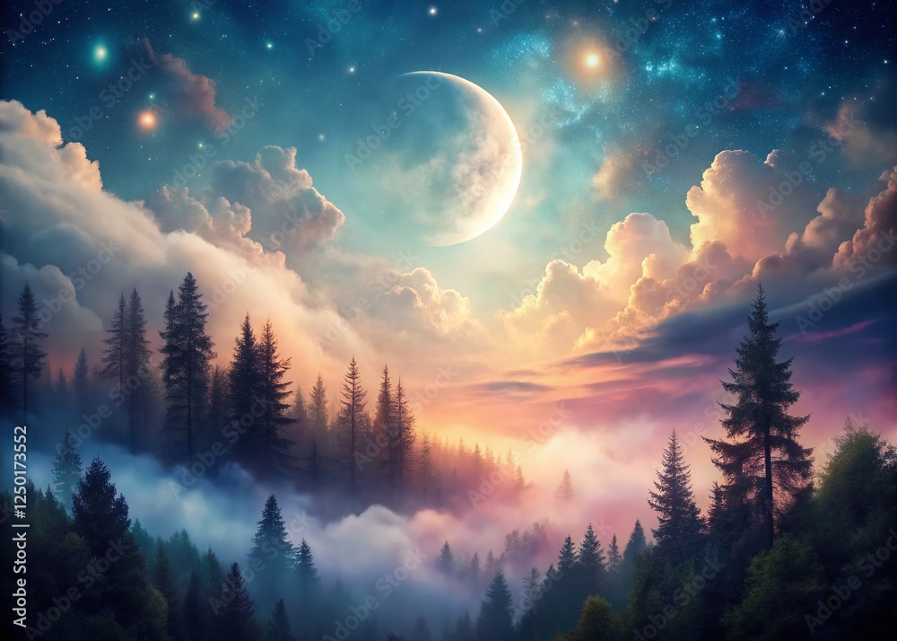 Fototapeta premium Double Exposure Dreamy Landscape with Mystical Forest Silhouette and Celestial Elements