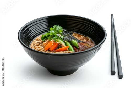 Ramen bowl with chopsticks on white background photo