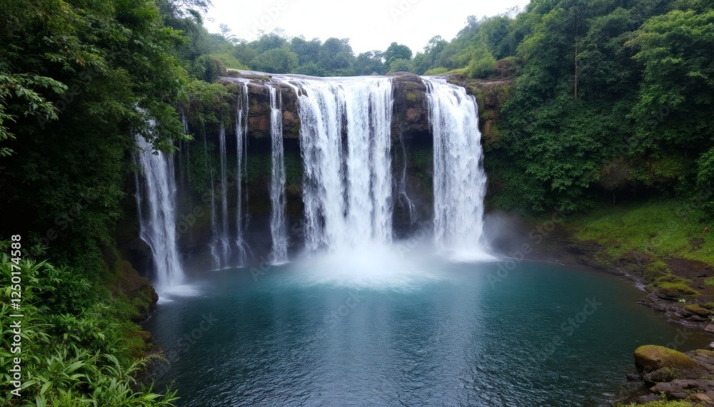 Serene Waterfall Surrounded by Lush Greenery in a Tranquil Jungle Serene Waterfall Surrounded by Lush Greenery in a Tranquil Jungle