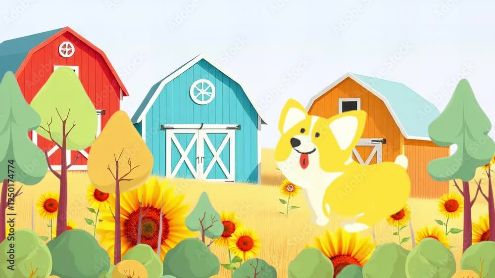 Corgi Sunflowers Cartoon Animation Background Video Corgi Sunflowers Cartoon Animation Background Video