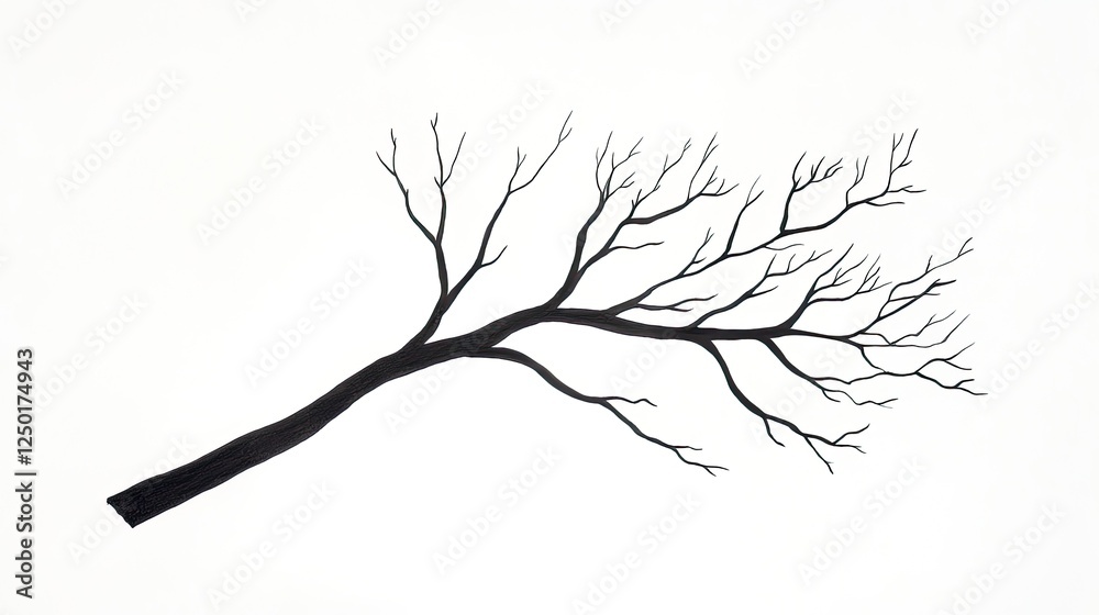 Fototapeta premium A solitary black tree branch with intricate twigs against a white background, symbolizing isolation
