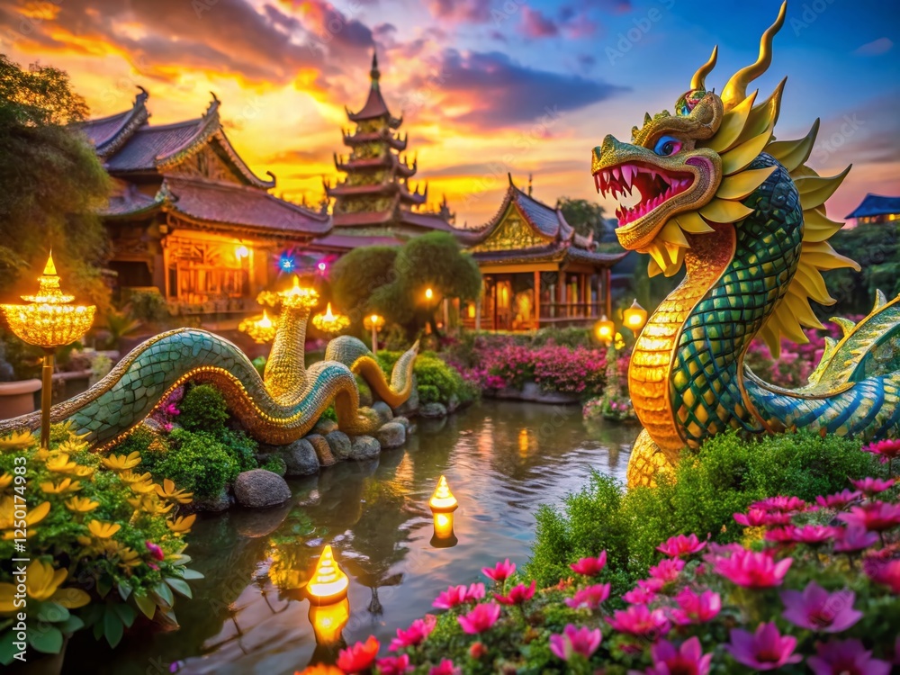 Obraz premium Dragon Village Suphan Buri Thailand: Magical Bokeh Paradise Tourist Attraction