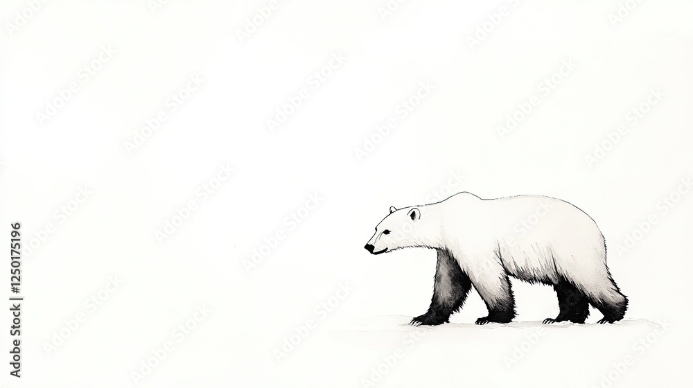 Fototapeta premium A solitary polar bear walking across a vast, snowy landscape under a clear sky