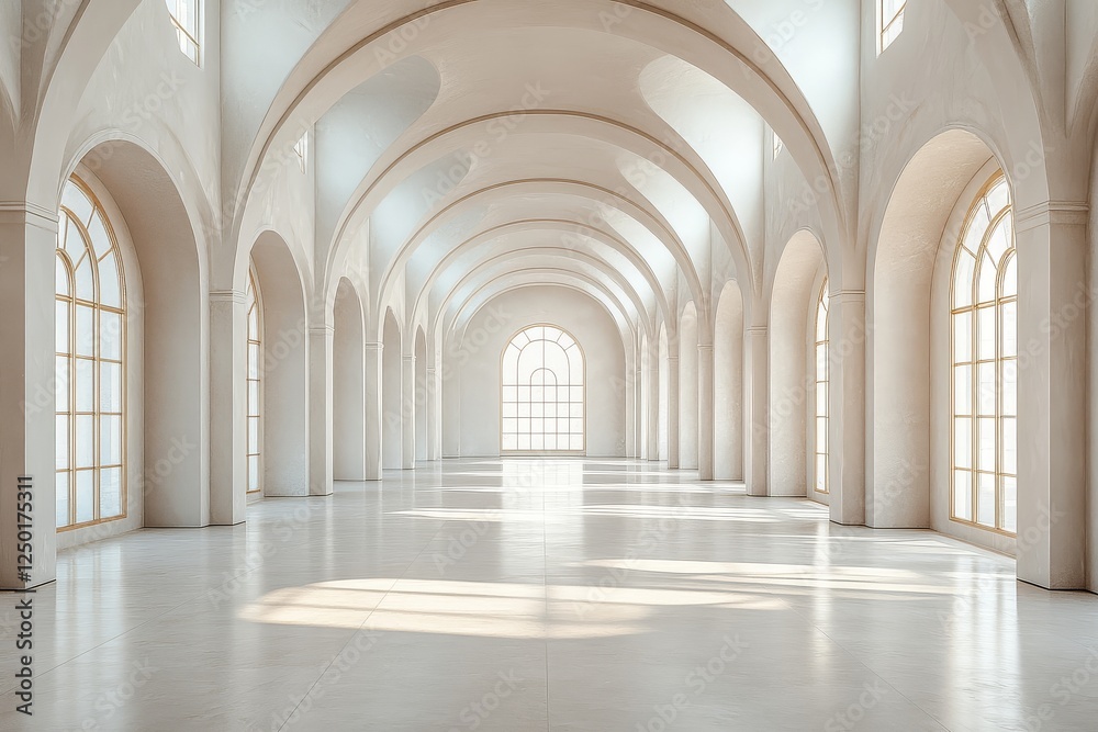 3D rendering of a white, empty room with arches on both the left and right sides, creating a minimalist and spacious interior design. 3D rendering of a white, empty room with arches on both the left and right sides, creating a minimalist and spacious interior design.