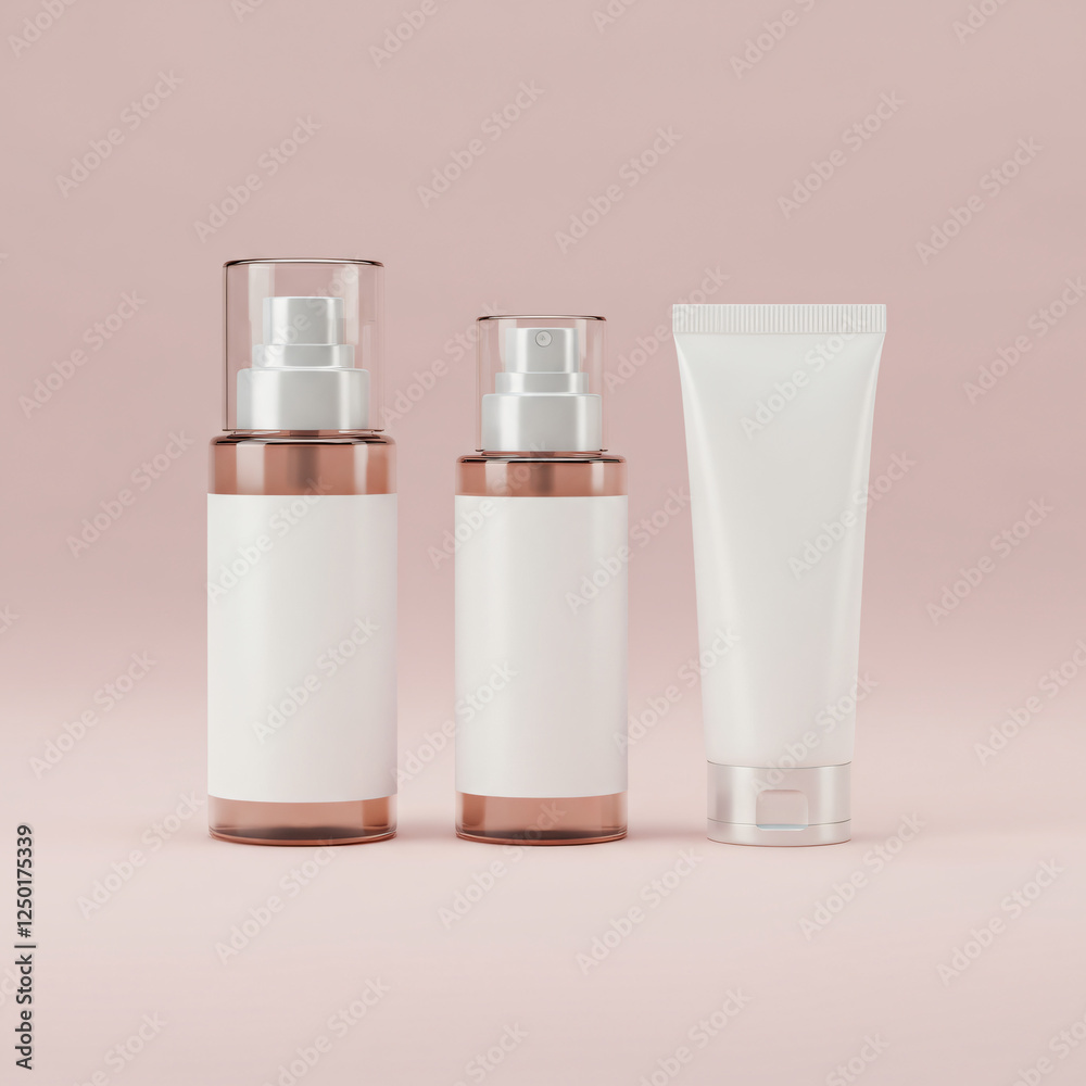 Cosmetic Product Mockup with Pump Bottles and Tube on Pink Background Cosmetic Product Mockup with Pump Bottles and Tube on Pink Background
