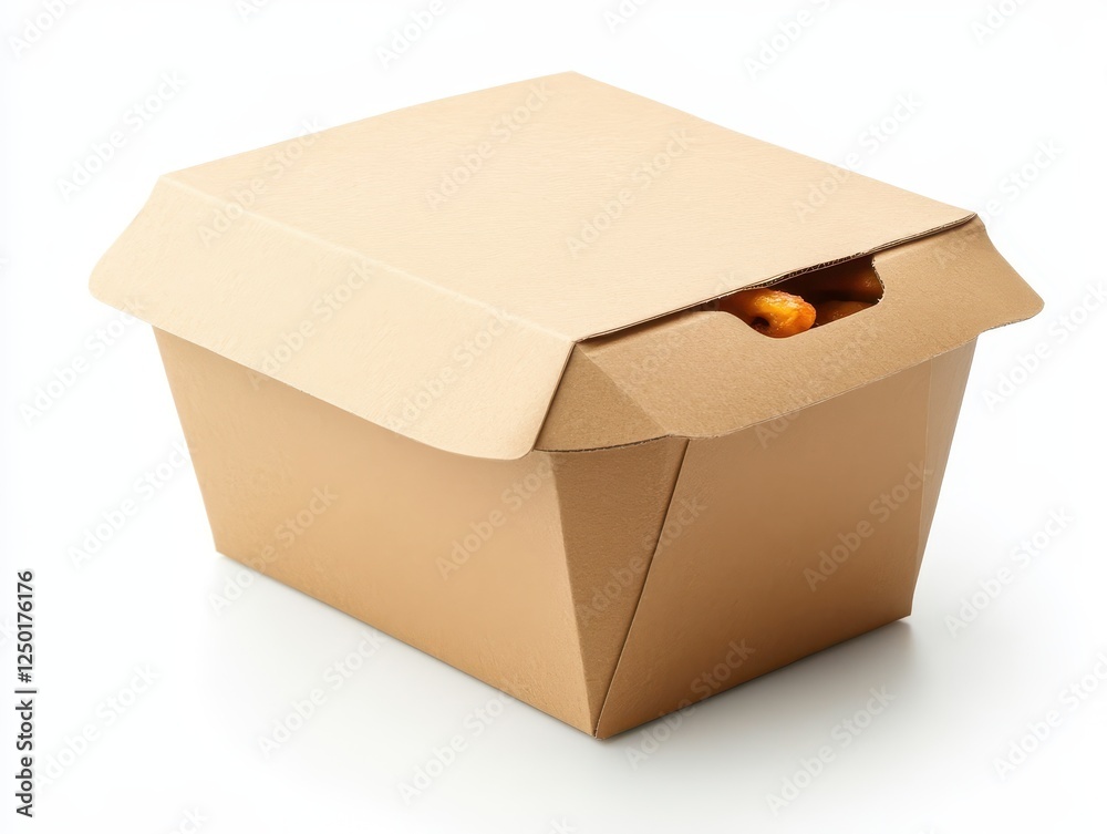 Brown Cardboard Food Container with Snacks Partially Visible. Brown Cardboard Food Container with Snacks Partially Visible.